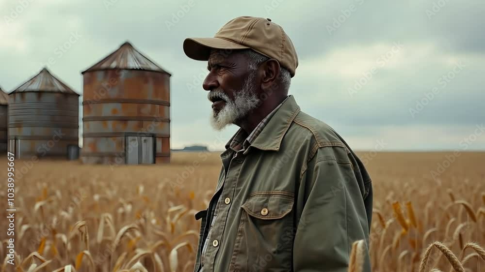 Senior Farmer Standing in a Wheat Field with Grain Silos in the Background Senior Farmer Standing in a Wheat Field with Grain Silos in the Background