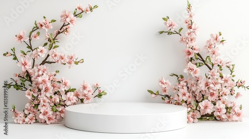 A minimalist display featuring a round white platform surrounded by delicate pink cherry blossom branches against a clean background.
