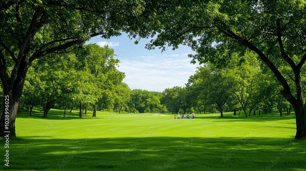 Fototapeta premium Lush green park with arching trees and clear blue sky in the background, inviting outdoor activities.