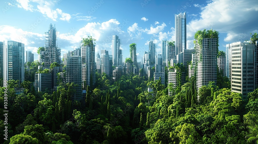 Obraz premium A futuristic cityscape where skyscrapers blend with lush greenery, showcasing a harmonious relationship between nature and urban development.