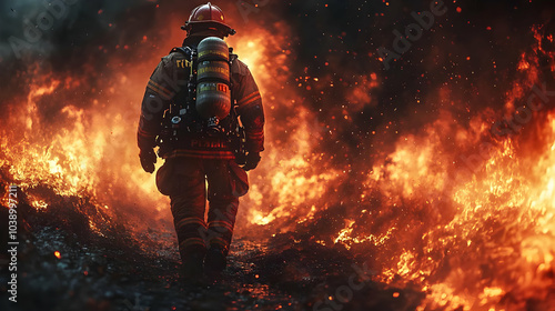 Firefighter Walking Through Fire Realistic Image