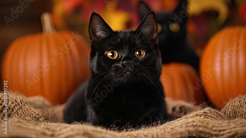 A black cat rests among pumpkins, exuding a mysterious charm in a warm, autumn setting.