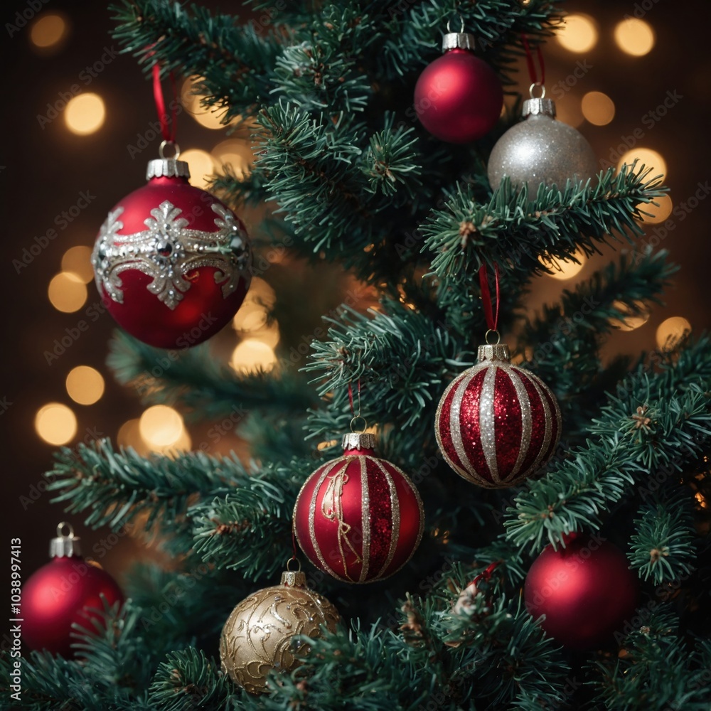 Fototapeta premium The Christmas tree dazzles with cheerful decorations