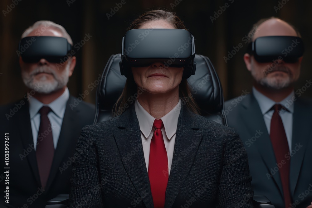 Three professionals wearing VR headsets, engaged in immersive virtual reality experience. Three professionals wearing VR headsets, engaged in immersive virtual reality experience.