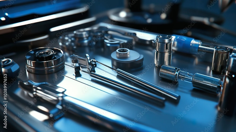 Close-up of precision medical equipment on a clean surgical table. Close-up of precision medical equipment on a clean surgical table.