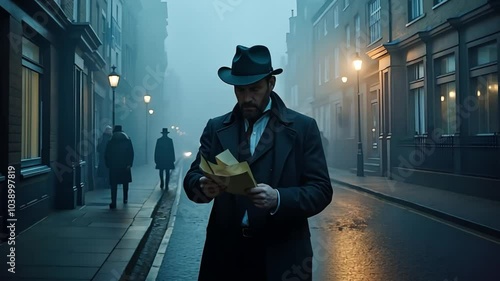 Man in a Hat and Coat Reading a Book on a Foggy City Street