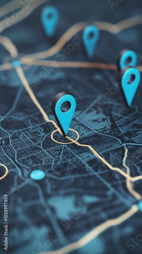 Detailed map with location pins highlighting points of interest in an urban area, illustrating navigation and geographical features clearly