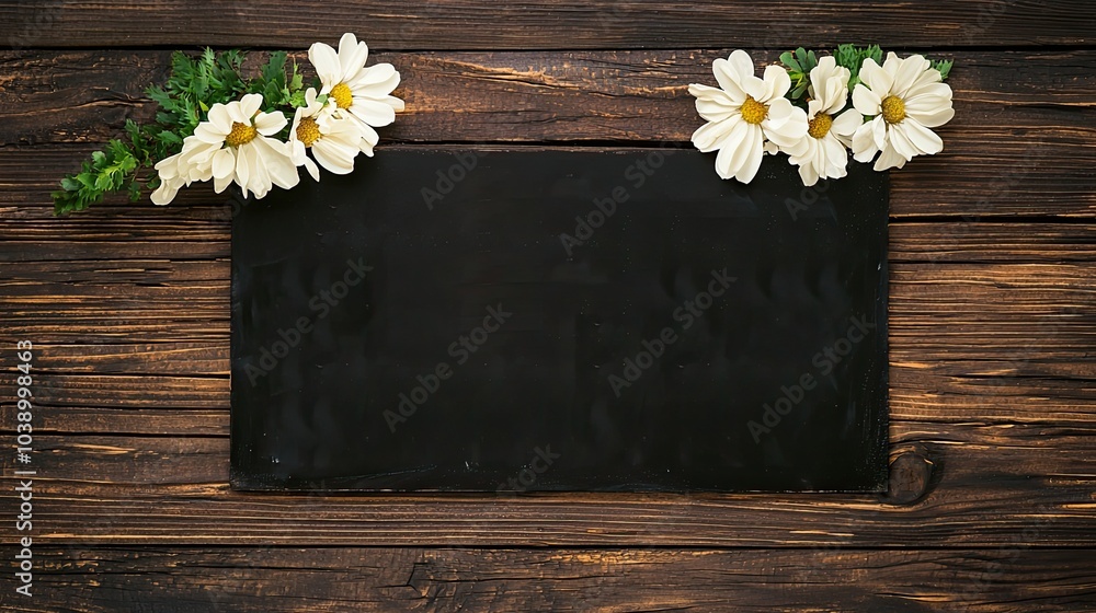 A rustic wooden backdrop features a black board adorned with white flowers, perfect for signage or decoration. A rustic wooden backdrop features a black board adorned with white flowers, perfect for signage or decoration.