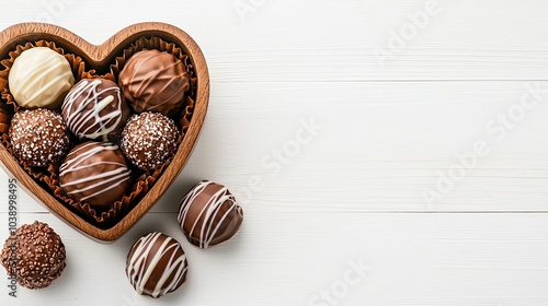 A heart-shaped bowl filled with assorted chocolate truffles on a wooden table, showcasing a delightful array of sweet treats.