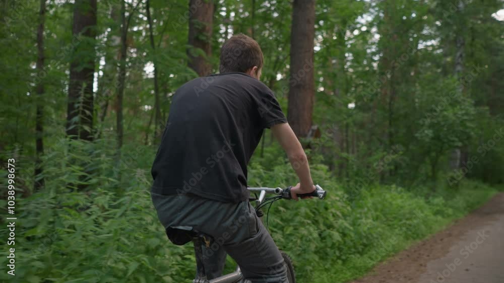 Young boy in black top riding a bicycle along a paved forest path surrounded by trees the road is untarred, with a blur of another cyclist seen in the distance Young boy in black top riding a bicycle along a paved forest path surrounded by trees the road is untarred, with a blur of another cyclist seen in the distance