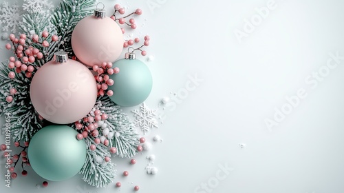 A serene arrangement of pastel Christmas ornaments with pink berries and evergreen branches against a light background.