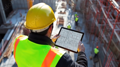 A construction supervisor in a fluorescent yellow vest and hard hat, reviewing safety equipment with a checklist and standing in front of a construction site with visible safety barriers