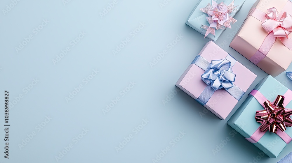 Colorful wrapped gifts with bows arranged on a light blue background, perfect for celebrations and special occasions. Colorful wrapped gifts with bows arranged on a light blue background, perfect for celebrations and special occasions.