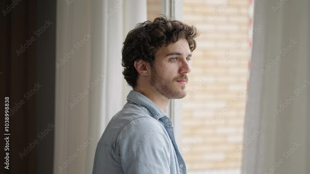 Serious and thoughtful young man at home, open the window enjoying the view.
Serious and thoughtful young man at home, open the window enjoying the view.