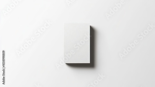 Minimalist business card standing vertically on a white background, sharp shadows.