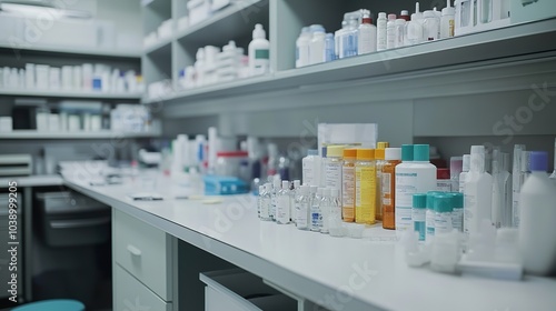 Organized lab supplies on clean counters in a medical research room.