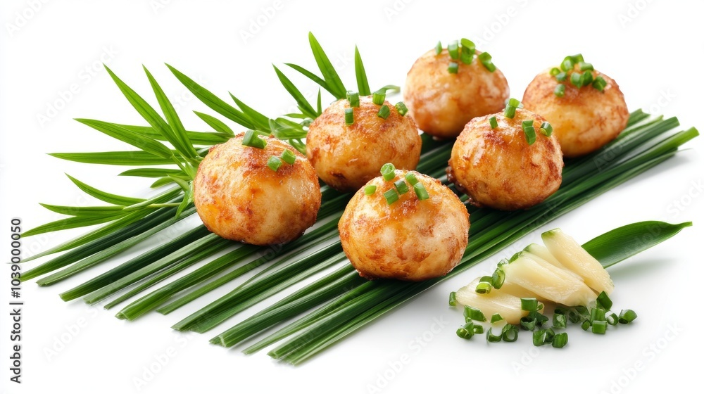 Φωτογραφία Un plato de pequeñas croquetas doradas sobre una cama de hojas frescas y decoradas con cebollino