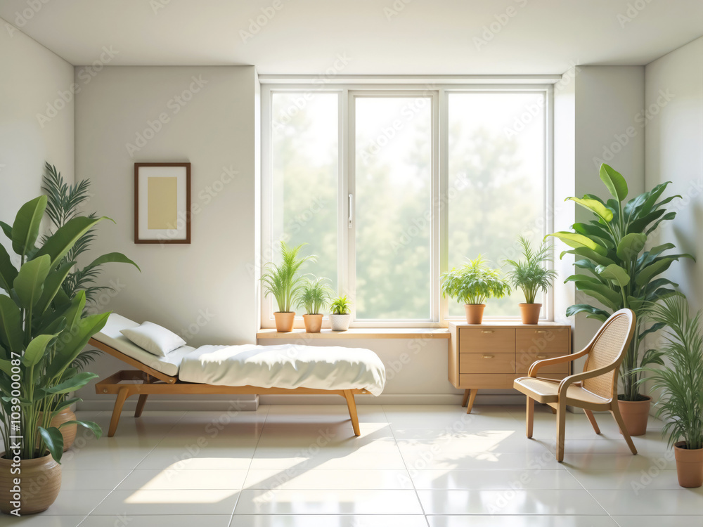 Sun shining through window in modern minimalist bedroom with plants Sun shining through window in modern minimalist bedroom with plants