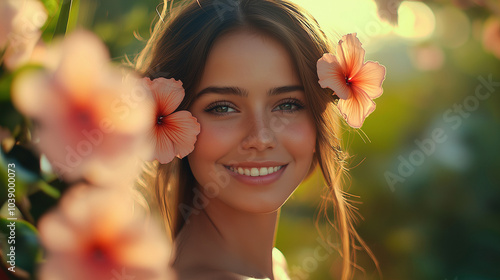 portrait of a persowoman with a smile, light-skinned and long brown hair, adorned with orange hibiscus flowers. She's outdoors, surrounded by blossomsn photo