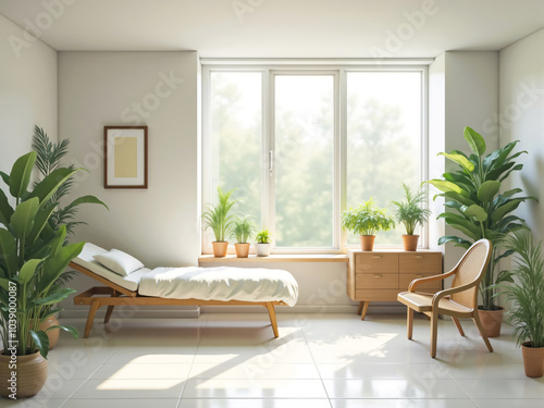 Sun shining through window in modern minimalist bedroom with plants