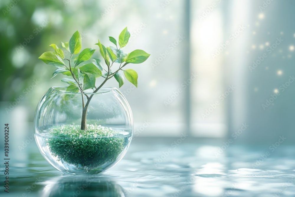 A small plant thrives in a clear glass vase filled with water and pebbles on a sunny afternoon A small plant thrives in a clear glass vase filled with water and pebbles on a sunny afternoon