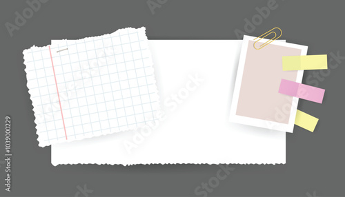 Paper notes stickers. Place for memo messages on paper sheets. Attached with sticky colorful tape on grey background isolated realistic vector illustration.