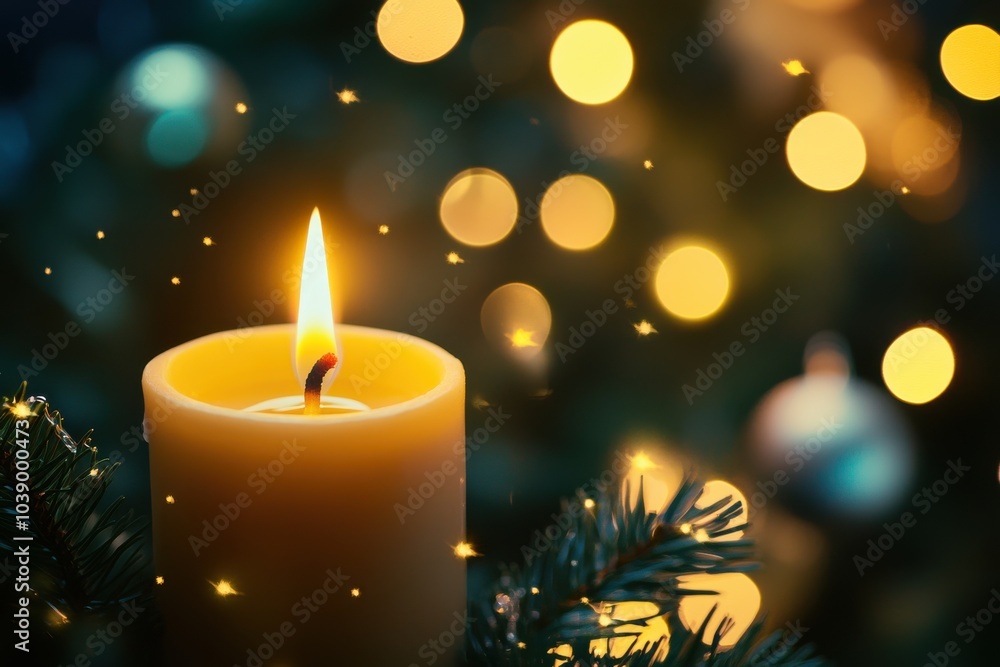 candle burning in the darkness, surrounded by blurred lights of Christmas decorations candle burning in the darkness, surrounded by blurred lights of Christmas decorations