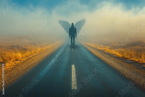 Man with Angel Wings Walking into the Sunset – Fantasy Concept with Celestial Imagery
 photo