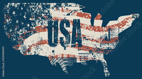 vector Map of America in colors of the national flag in art grunge background of spots and geometric shapes from elements of big city architecture. suitable for logo, t-shirt design.