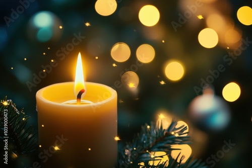 candle burning in the darkness, surrounded by blurred lights of Christmas decorations