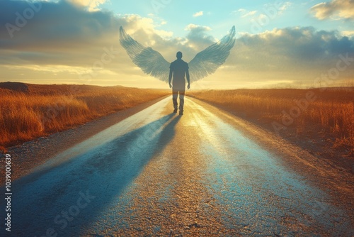 Man with Angel Wings Walking into the Sunset – Fantasy Concept with Celestial Imagery
 photo