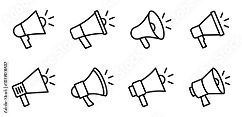 Megaphone icon set. Loudspeaker icon. Advertising and marketing icons. Editable stroke line icons. Vector illustration.