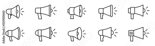 Megaphone icon set. Loudspeaker icon. Advertising and marketing icons. Editable stroke line icons. Vector illustration.