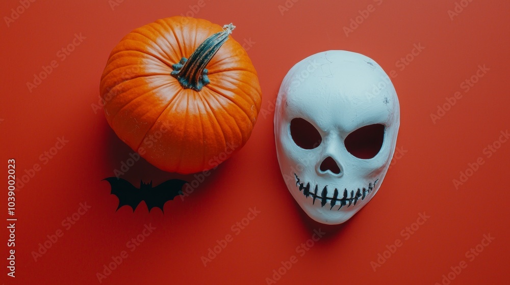 Fototapeta premium vibrant red background showcases a flat lay arrangement of a scary mask a bright orange pumpkin and decorative bat accents perfect for Halloween celebrations.