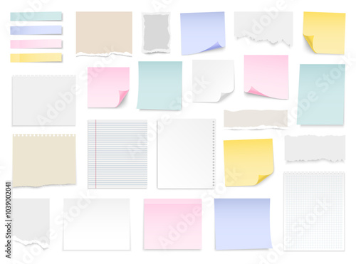 Paper notes with pin and tape. Colored stickers, torn sheets and notebook pages. Note sticky papers with curled corner. Realistic templates for a note message. Vector illustration.