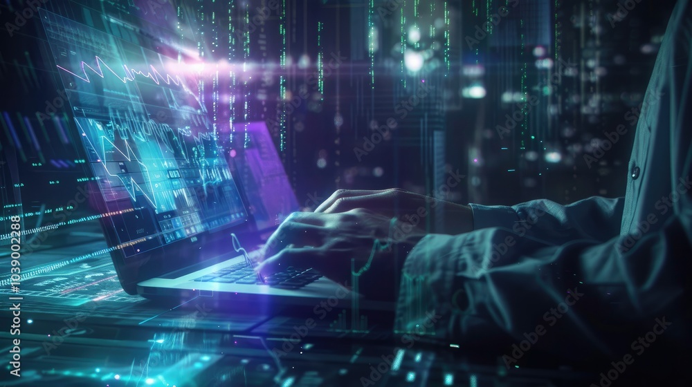 Businessman Typing on Laptop with Holographic Financial Graphs and Global Stock Market Data Businessman Typing on Laptop with Holographic Financial Graphs and Global Stock Market Data