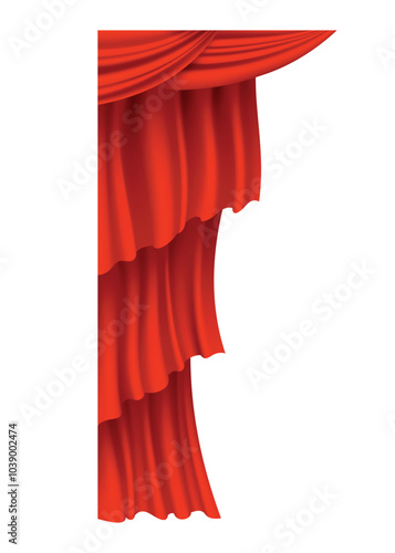 Red curtains realistic. Theater fabric silk decoration for movie cinema or opera hall. Curtains and draperies interior decoration object. Isolated on transparent for theater stage