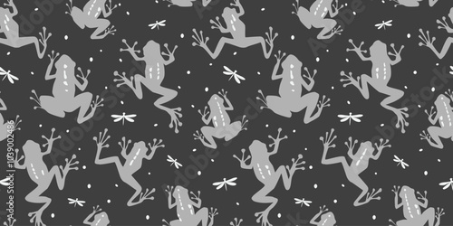 Seamless pattern with a silhouette of a frog and dragonflies. Vector graphics.