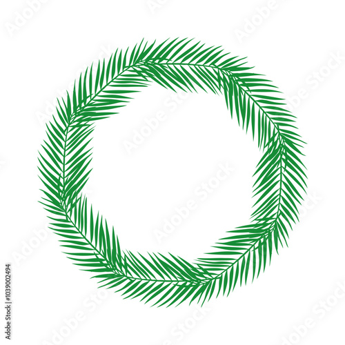 Navidad en Hawái. Decoración primaveral. Logo con corona navideña con siluetas de hojas de palma