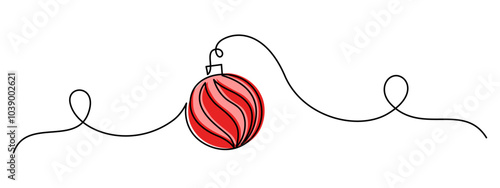 Christmas ball in One Continuous line drawing. Festive christmas tree bauble with ribbon in simple linear style. Editable stroke. Doodle outline vector illustration