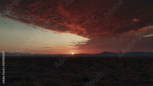 Dark red sunset sky over the expansive desert, with clouds and a deep orange-red sun, evoking an evening in the Orient, ideal for a dramatic nature backdrop