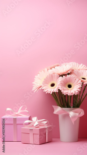 Pink gift box with flowers on a pink background.