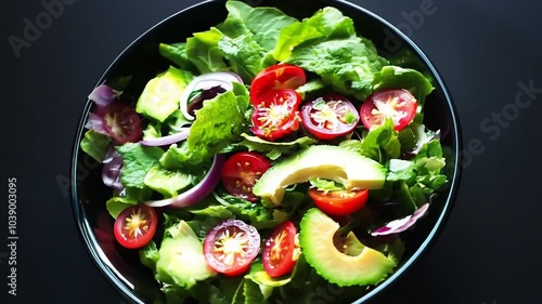 Fresh salad with sliced avocado, tomatoes, cucumbers, red onions, and mixed greens in a black bowl.