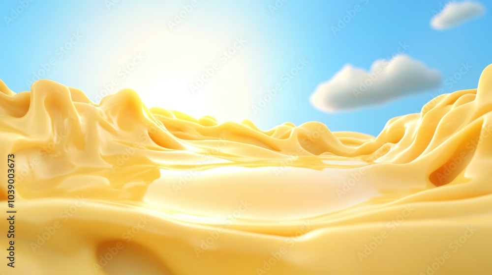 Golden waves of creamy texture under a bright blue sky with fluffy clouds, AI Golden waves of creamy texture under a bright blue sky with fluffy clouds, AI