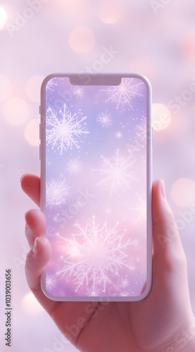 Hand holding phone with pink background and snowflakes.