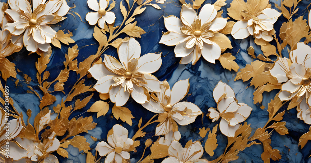 White Flowers on a Blue Marble Background with Gold Accents White Flowers on a Blue Marble Background with Gold Accents