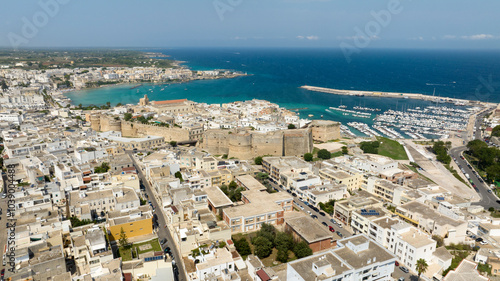 Panoramic aerial view of the castle, the Norman cathedral and port in the historic center of Otranto in the province of Lecce, Salento, Puglia, Italy. It is located on the Adriatic Sea.