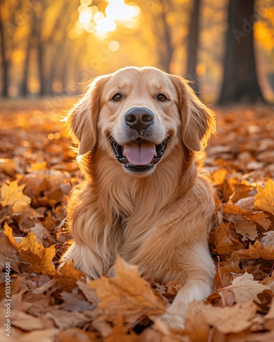 Golden retriever in fall leaves