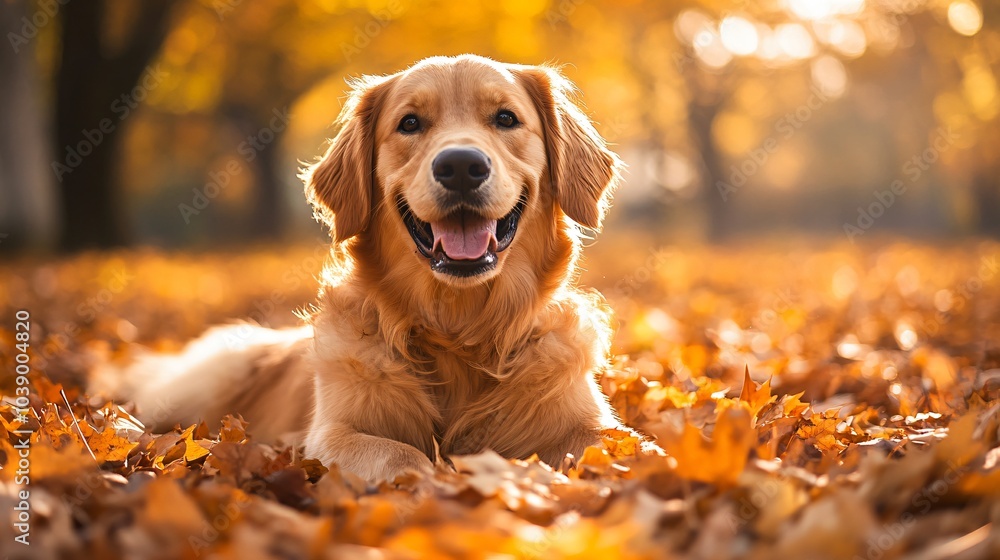 Golden retriever in fall leaves Golden retriever in fall leaves