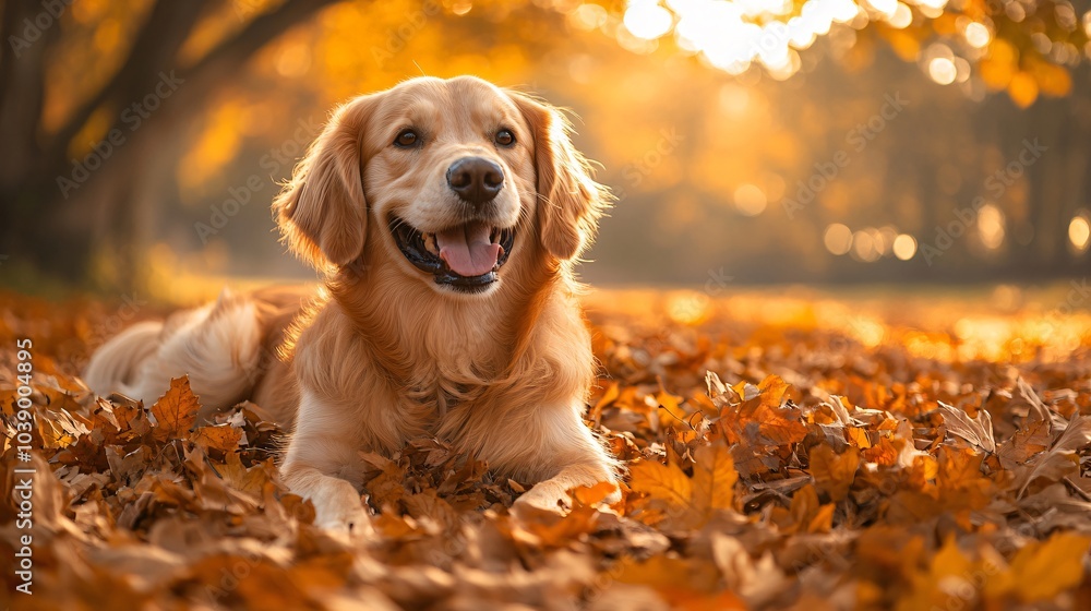 Golden retriever in fall leaves Golden retriever in fall leaves